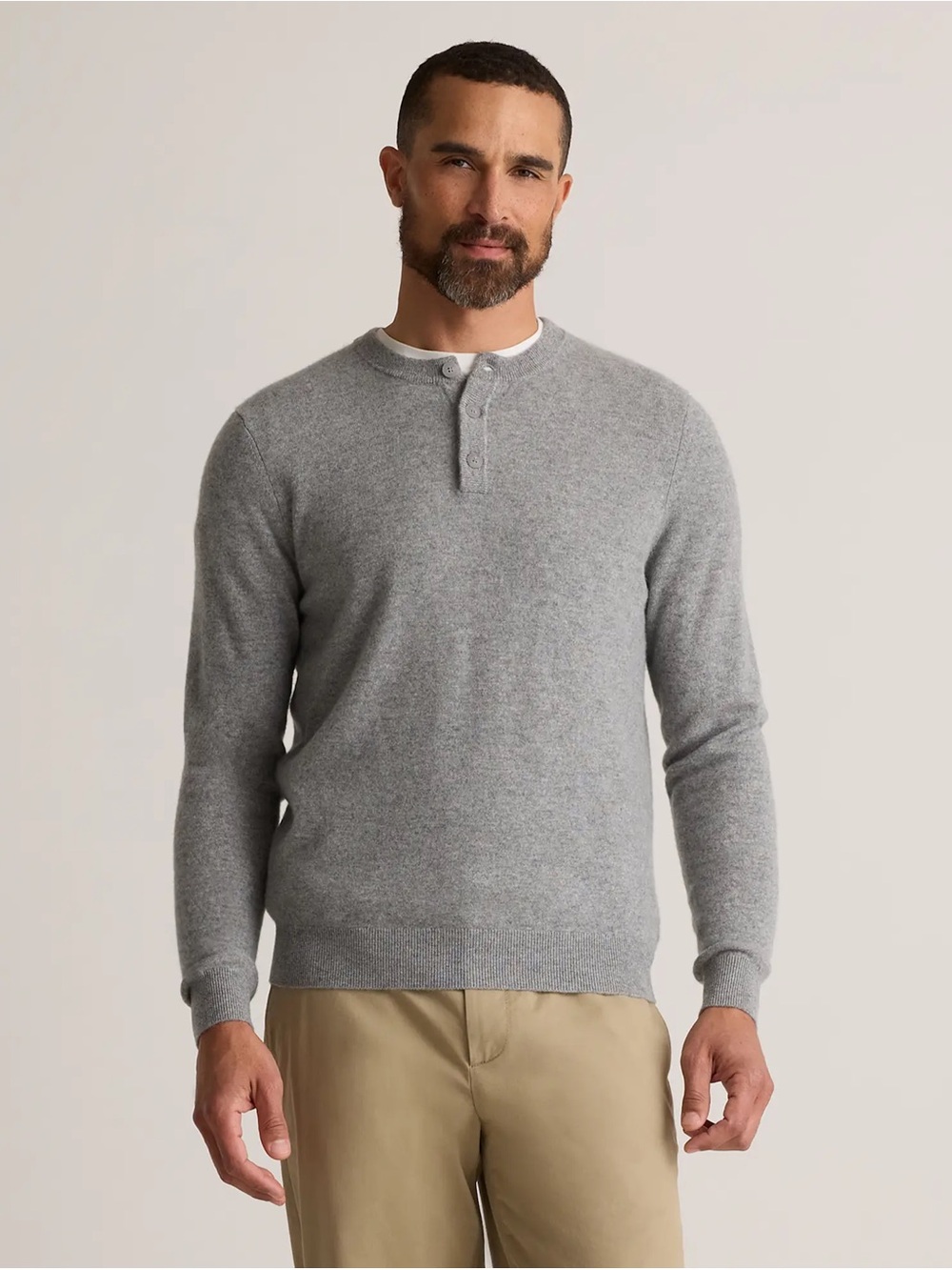 Quince Men's Mongolian Cashmere Henley Sweater in Heather Grey, XL